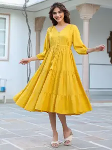 Janasya Women Yellow Rayon Solid Tiered Dress