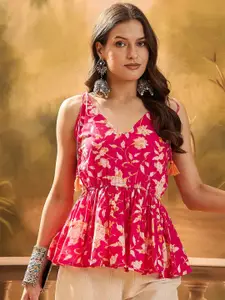 Sangria Floral Printed Pure Cotton Short Peplum Top