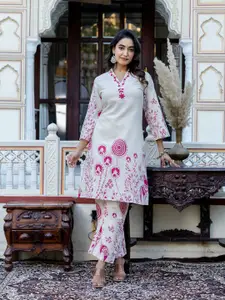 AUTUMN LANE Floral Embroidered Pure Cotton Top & Trousers Co-Ords