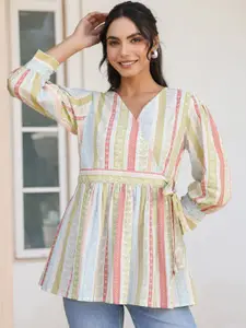 Janasya Women's Off White Pure Cotton Floral Printed Peplum Top