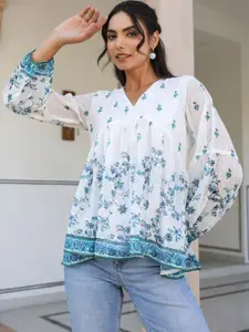 Janasya Women's White Georgette Digital Print Flared Top