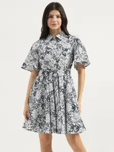 United Colors of Benetton Floral Print Flared Sleeve Fit & Flare Dress
