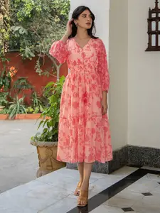 Janasya Women Coral Pink Georgette Floral Printed Fit & Flare Dress