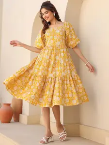 Janasya Women Yellow Pure Cotton Floral Printed Tiered Dress