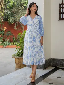 Janasya Dobby Floral Printed Fit & Flare Dress