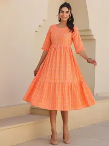 Janasya Women's Orange Pure Cotton Woven Design Tiered Western Dress