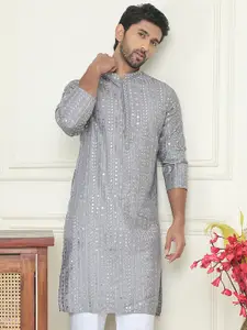 Jompers Floral Embroidered Mandarin Collar Sequinned Straight Kurtas