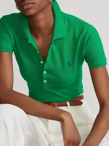 Polo Ralph Lauren Women Solid Polo Collar Cotton Slim Fit T-shirt