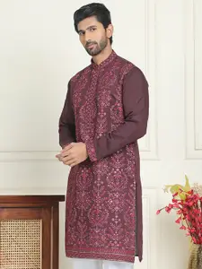 Jompers Floral Embroidered Mandarin Collar Silk Thread Work Straight Kurta