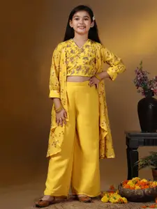 Sangria Girls Yellow V-Neck Embroidered Georgette Crop Top With Palazzo And Shrug