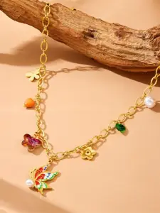 VIEN Stainless Steel Gold-Plated Rhinestone & Pearl Beaded Enamel Butterfly Minimal Necklace