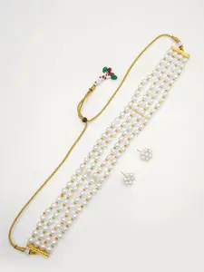 aadita Gold-Plated Pearls Beaded Choker Necklace & Earrings