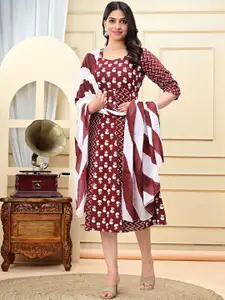 NEKU FASHION Floral Printed Round Neck Fit & Flare Midi Dress With Dupatta