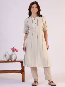 W Striped V-Neck Short Sleeves Cotton Straight Kurta