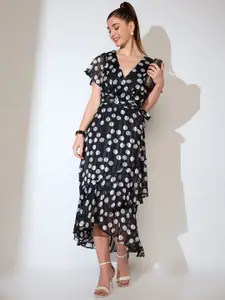 Globus Polka Dot Print Wrap Neck Flared Sleeves Tie-Up Ruffled Tulip Hem A-line Midi Dress