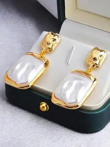 SUBHAGALANKAR Gold Plated Pearls Studded Contemporary Drop Earrings