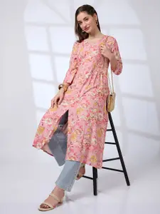 Globus V-Neck Floral Print Pleated Front Slit A-Line Workwear Kurta
