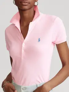 Polo Ralph Lauren Women Solid Polo Collar Cotton Slim Fit T-shirt