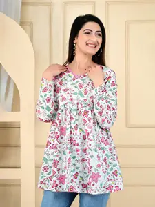 Manvik fashion Women Floral Printed V-Neck Mirror Work Pure Cotton Empire Kurti