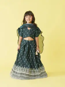 Sangria Girls Floral Printed V-Neck Lehenga With Choli And Dupatta