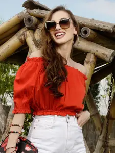 Sera Off-Shoulder Puff Sleeve Scarf Print Crop Top