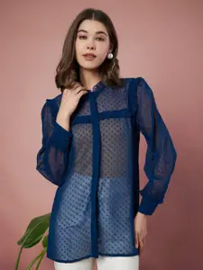 Slenor Women Sheer Cuffed Sleeves Georgette Shirt Style Longline Top