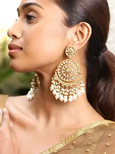 Rubans 18K Gold Plated Kundan Studed White Pearl Beaded Handcrafted Long Chandbali Earring