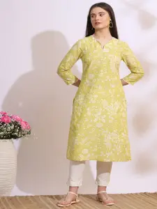 W Floral Printed V-Neck Neck Cotton Straight Kurta