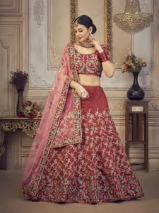KALINI Floral Embroidered Thread Work Unstitched Blouse And Lehenga With Dupatta