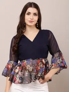 Raabta Fashion Floral Print Bell Sleeve Georgette Top