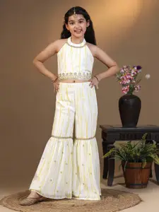 Sangria Girls Yellow Shibori Printed Halter Neck Georgette Crop Top And Sharara