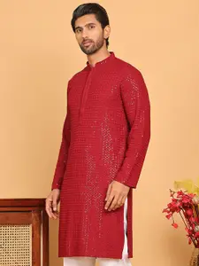 Jompers Geometric Embroidered Mandarin Collar Sequinned Straight Kurta