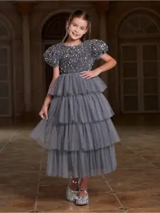 BAESD Girls Embellished Puff Sleeve Layered Net Fit and Flare Maxi Dress