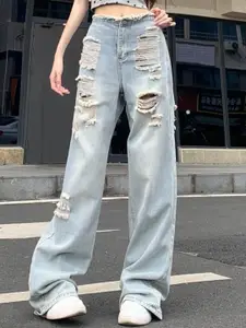 StyleCast Women Wide Leg High-Rise Mildly Distressed Light Fade Stretchable Jeans