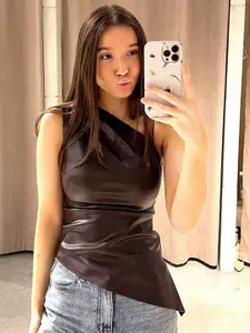 MIAKEE Women One Shoulder Sleeveless Ruched PU Coated Top