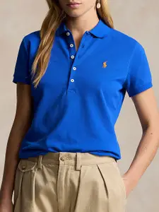 Polo Ralph Lauren Women Solid Polo Collar Cotton Slim Fit T-shirt