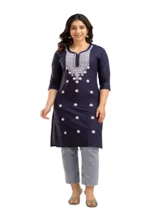 Manvik fashion Floral Embroidered Notch Neck Thread Work Pure Cotton Straight Kurtas