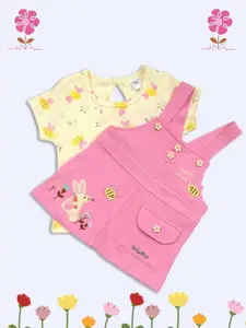 Babys Day Infant Girls Printed Pure Cotton Dungaree With Half Sleeve Top & Brief