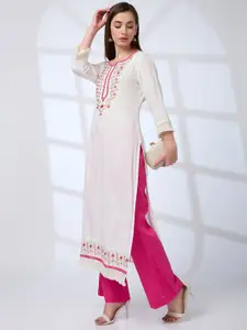Globus Floral Embroidered Yoke Crochet Detail Sleeves Straight Festive Kurta
