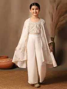 Sangria Girls Off-White Sweetheart Neck Embroidered Georgette Top With Palazzo & Shrug