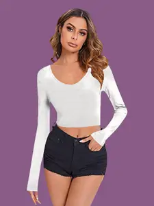 Dream Beauty Fashion Women Scoop Neck Long Sleeve Crop Fitted Top