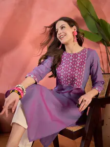 Sangria Lavender Geometric Yoke Design Pure Cotton Straight Kurta