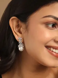 Yinara Rhodium-Plated Cubic Zirconia And Pearls Studded Floral Drop Earrings