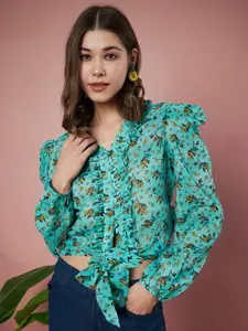 Slenor Floral Print Puff Sleeve Georgette Cinched Waist Crop Top