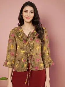 Slenor Women Floral Printed Bell Sleeve Ruffles Georgette Blouson Top