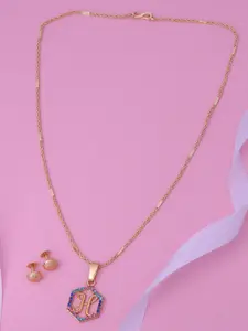 Ramdev Art Fashion Jwellery Gold-Plated H Alphabat Pendant & Chain With Stud Earrings