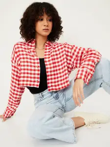 max Women Boxy Fit Spread Collar Gingham Checked Casual Shirt