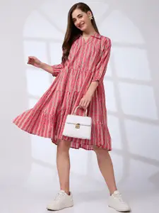 Globus Shirt Collar Regular Sleeves Floral Print A-line Tiered Work Wear Dress