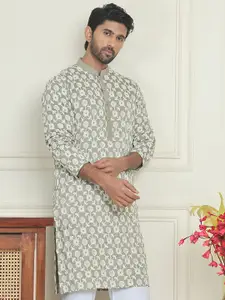 Jompers Mandarin Collar Floral Embroidered Chikankari Cotton Straight Kurta