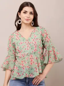 Raabta Fashion V-Neck Floral Printed Bell Sleeve Georgette Peplum Top